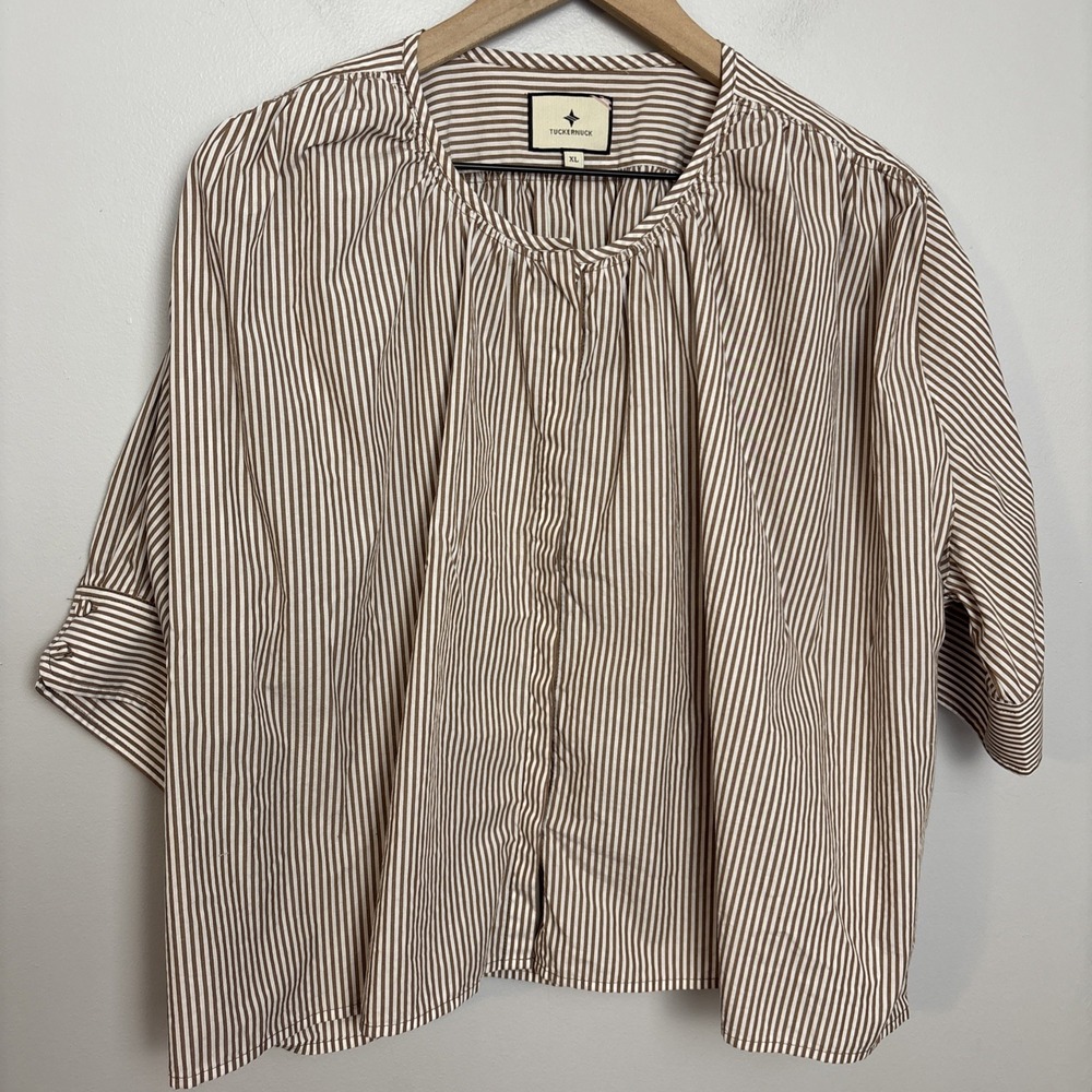 Tuckernuck Darby Blouse Mahogany Stripe Brown Women's XL Lightweight Oversized
